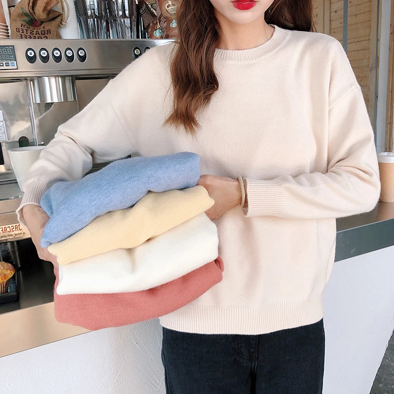 

O-Neck Sweater Long Sleeve Solid Loose Casual Pullovers Knitted Tops Female Fashion Autumn Winter Sweaters Blue, Apricot, Beige
