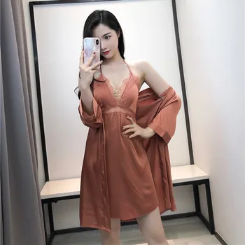 

BZEL Spring Summer Women Sleepwear Faux Silk Satin Pajamas Sets Sexy Lace Nightgown Ladies Nighty Suit 2 Pieces Female Home Wear