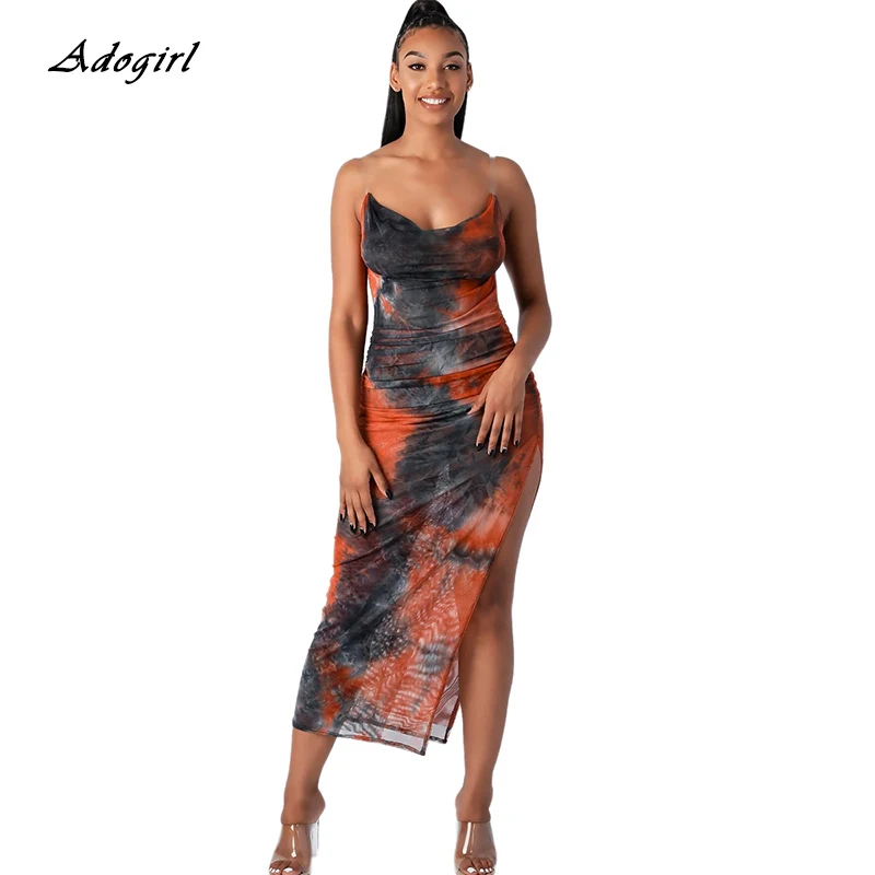 

Tie-dye Print Sheer Mesh Summer Dress Women 2020 Sexy Spaghetti Strap Backless High Slit See Through Clubwear Dress Vestidos