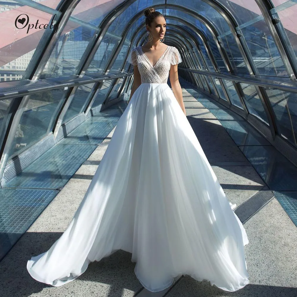 Optcely/новое простое свадебное платье трапециевидной формы с коротким рукавом и круглым вырезом, высококачественное свадебное платье с длинным подолом и бисером