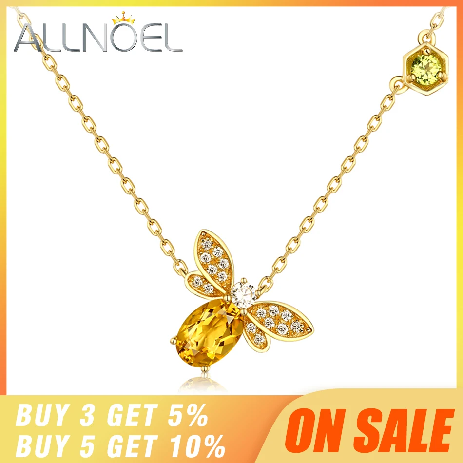 ALLNOEL Bee 5x7mm 1ct Natural Citrine 925 Sterling Silver Jewelry 14K Yellow Gold Plated Chain Pendant Necklace S925 Gift