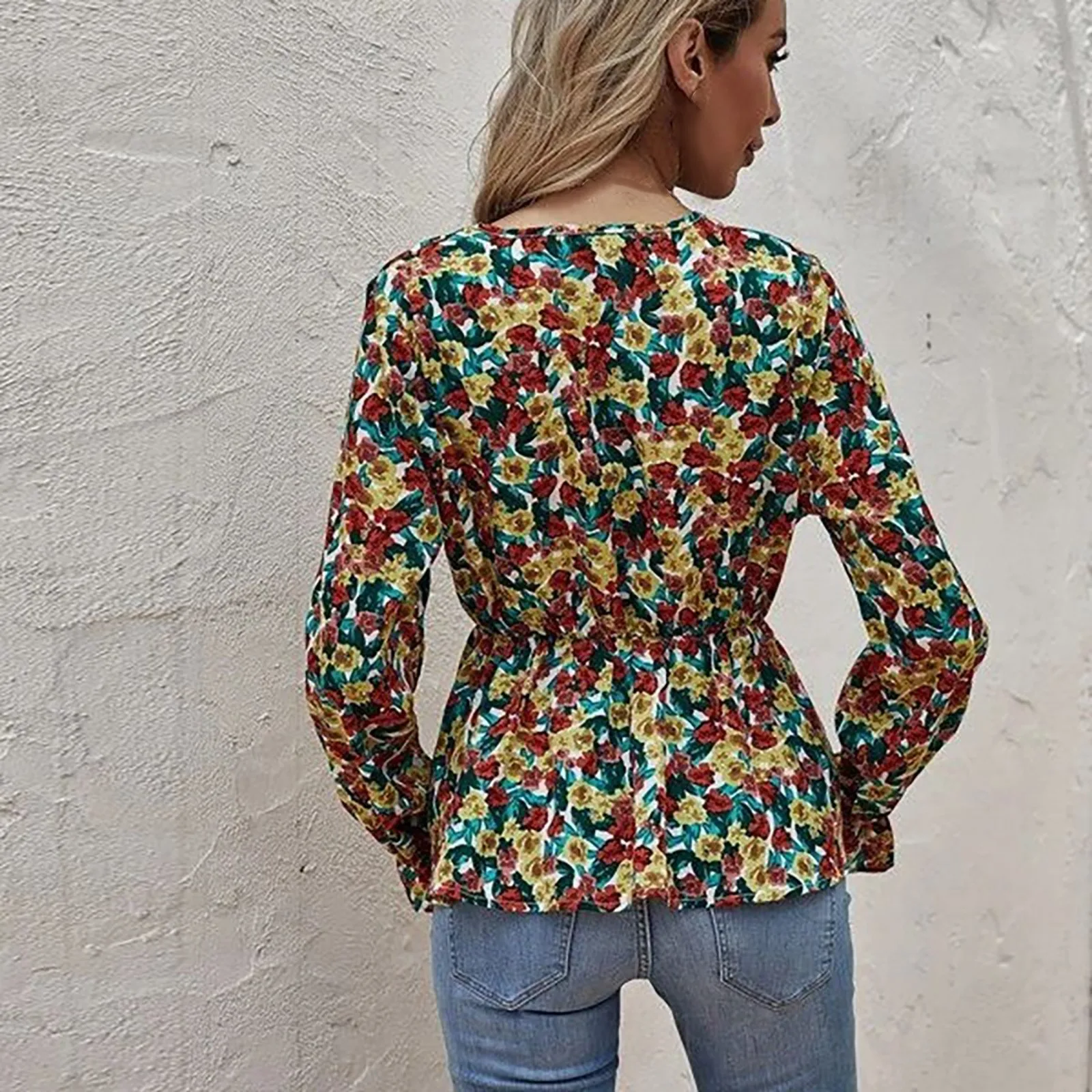 Women Vintage Flower Print Blouse Women Cross V-neck Long Sleeve Small Floral Print Blouse Casual All-match Shirt#g30 2