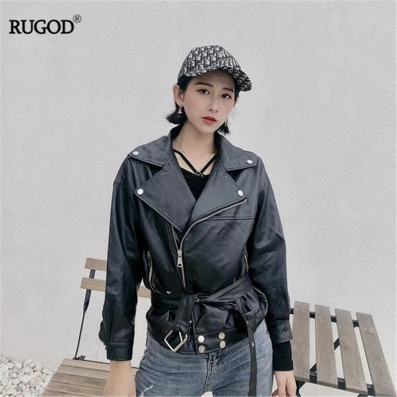 

RUGOD 2019 New Autumn Winter Cool Women Leather Jacket Motorcycle Zipper Loose Pu Jacket With Sash Temperament Fashion Outwear