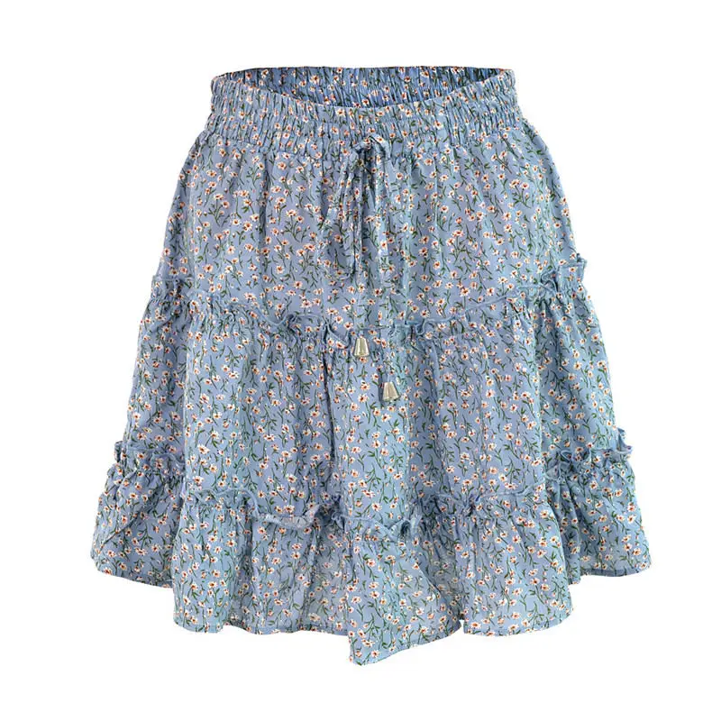 Женская юбка с высокой талией трапециевидная Женская богемная эластичная Летняя Пляжная короткая юбка с цветочным принтом уличная корейская мода Kawaii - Цвет: Синий
