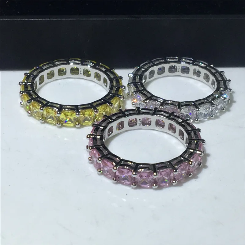 Eternity Cushion cut 4mm Topaz Cz ring Real 925 sterling silver Engagement Wedding Band Rings for women Bridal Party Jewelry silver ring wedding rings silver rings gemstone ring