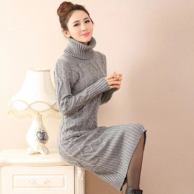 

Thicken Long Pullover Turtleneck Sweater Dress Women Autumn Winter Warm Knitted Dress Pockets Vestidos Slim Ladies Dresses C5995