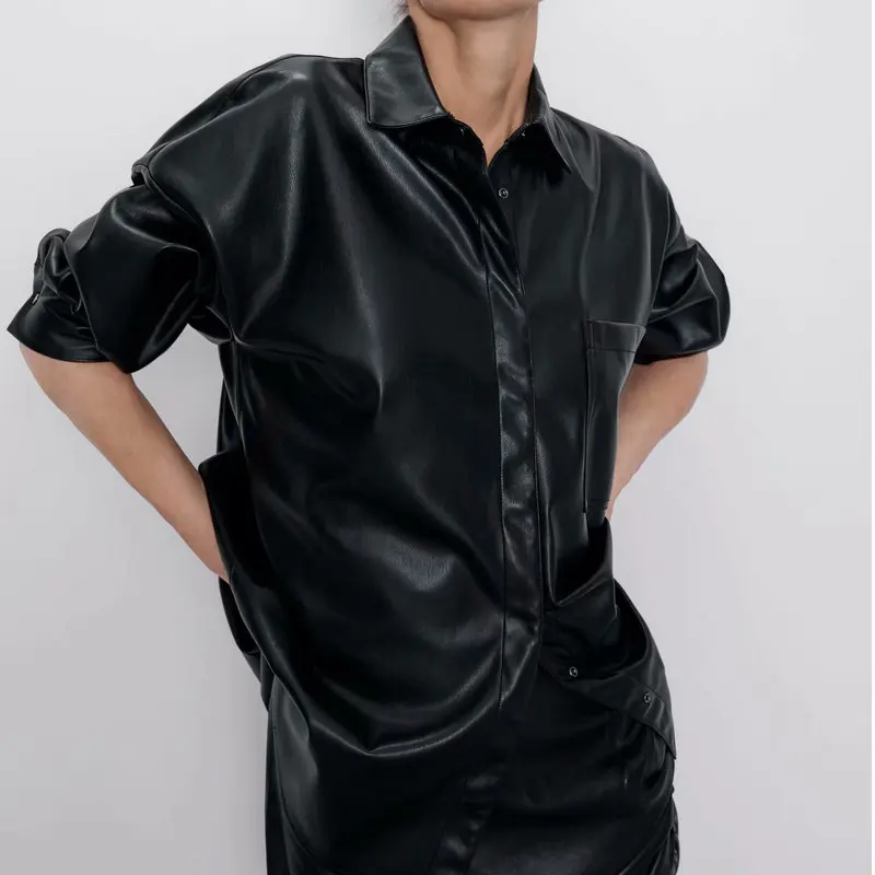 Najtaniej 2020 nowa jesienna moda damska fałszywe Faux Leather Turn Down Collar bluzki koszule Lady Boyfriend Loose Packet eleganckimi guzikami topy