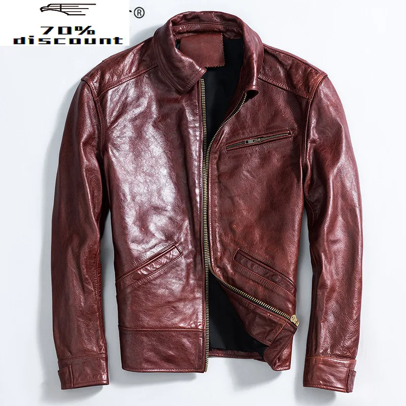 

2020 Genuine Leather Jacket Men Vintage Real Cow Leather Coat Spring Autumn Cowhide Motorcycle Jacket Man KJ2538