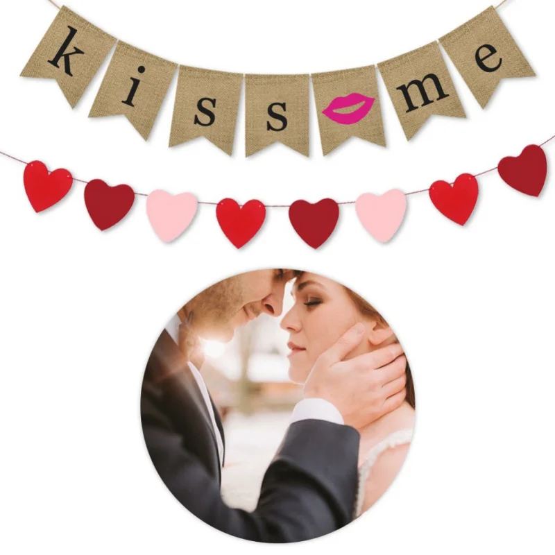 Kiss Me Banner For Valentine's Day Engagement Wedding Party Decoration Retro Pull Flag Romantic DIY Supplies Decor Banner