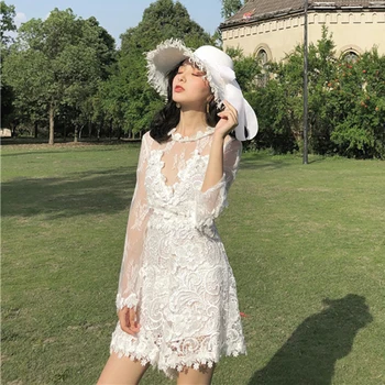 

Perspective Embroidery Lace Summer Playduit Women Long Sleeve Jumpsuit Rompers Combinaison Overalls Plus Size Beach Bodysuit New