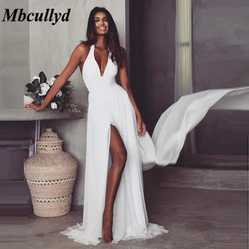 

Mbcullyd Deep V-neck Beach Wedding Dresses Long 2020 Sexy High Split Bridal Gowns Formal Plus Size Bohemia Vestido de noiva
