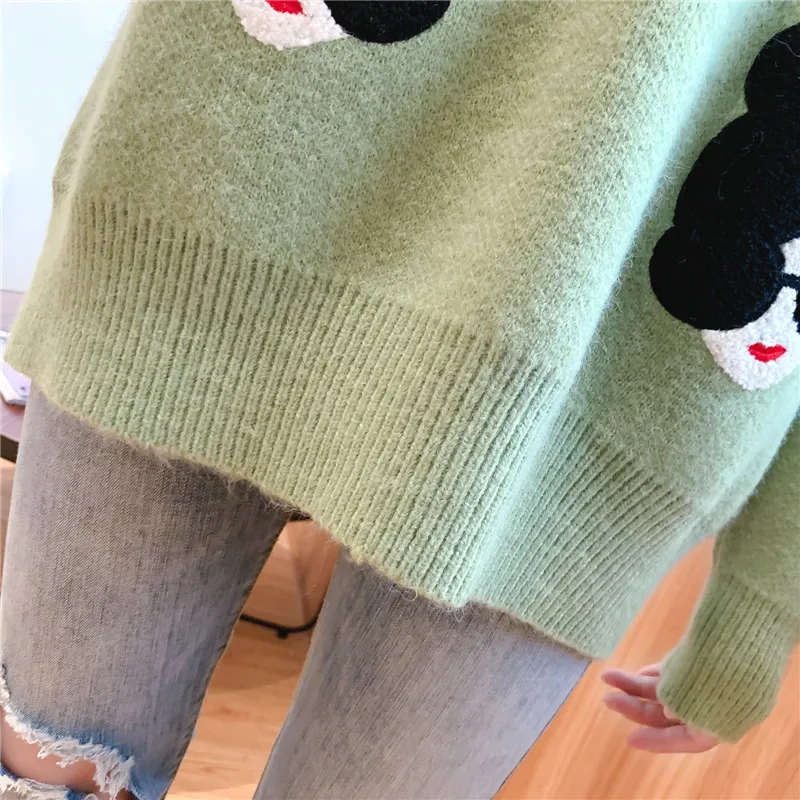 Plus Size Knitted Sweater women tops Cartoon Embroidery Thicken Pullovers women Jumper Sweater Ladies Knit Top women Sweater