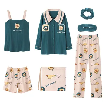 

Women Pajamas 7PCS Pijamas Suit Cotton Sleepwear Home Wear Cute Print Night Gown Intimate Lingerie 2020 Autumn New Nightwear