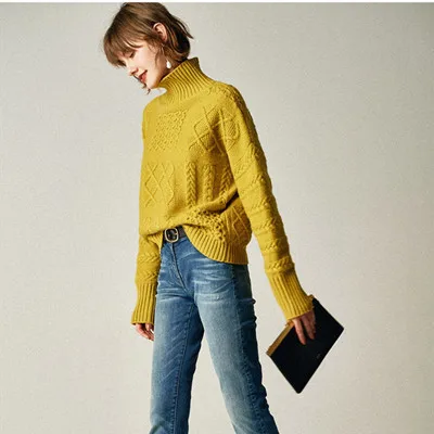 Женский кашемировый свитер с высоким воротником, вязанный кашемировый свитер, однотонный элегантный сексуальный свитер, длинный рукав, теплая женская одежда - Цвет: yellow