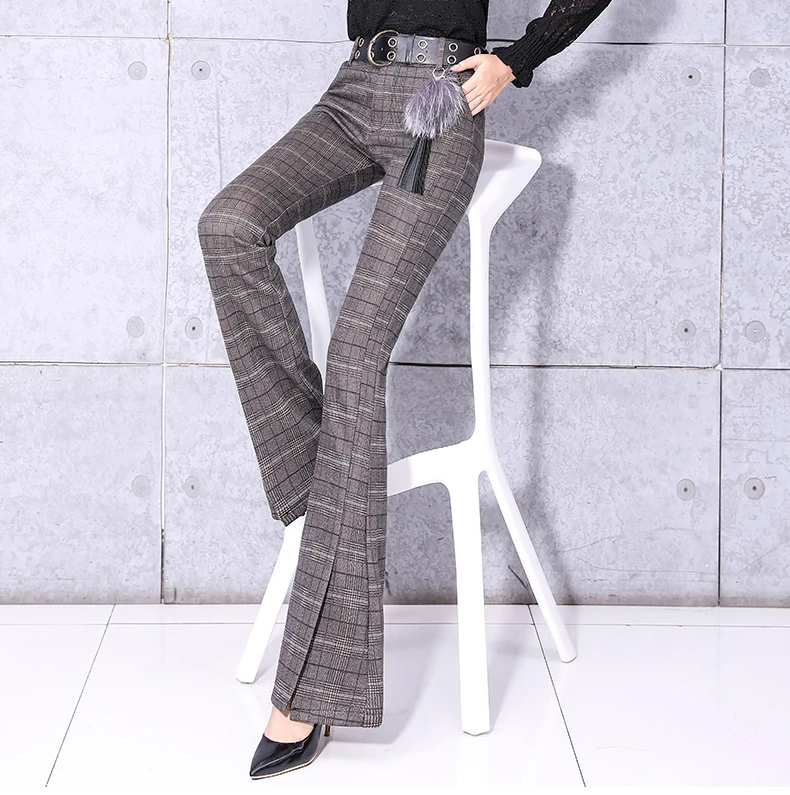 2019 New Autumn Plaid Wide Leg Pants For Women Office Work Wear Lady Pants With Belt Long Trousers Female Fashion Design Trouser (5)
