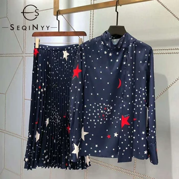 

SEQINYY Navy Blue Set 2020 Summer Spring New Fashion Design Women Bow Shirt + Pleated Long Skirt Star Print Suit Casual