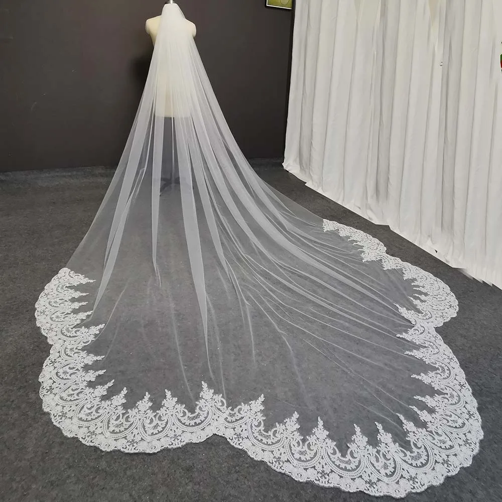 

Lace Scallop Long Wedding Veil 3.5 Meters One Layer White Ivory Bridal Veil with Comb Wedding Accessories velo de novia