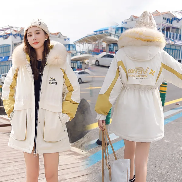 

2019 Dongdaemun Winter Korean-style down Jacket Women's Mid-length Large Fur Collar Waist Hugging Cotton Coat