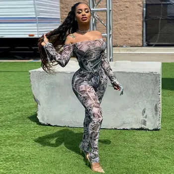 

Fashion Women Ladies Autumn Sexy Holdiay Long Sleeve Off the Shoulder Leopard Print Jumpsuit Bodysuits