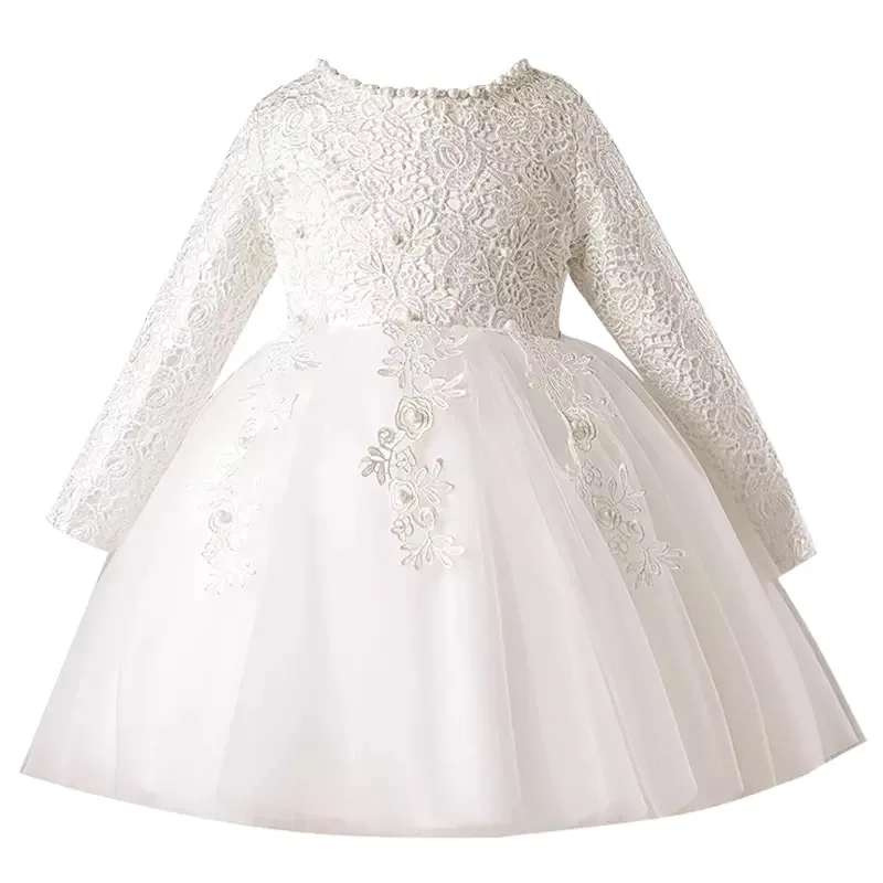 White Lace Newborn Baby Girl 1 Year Birthday Dress Beads Tulle Toddler Girl Christening Dress Infant Princess Party Outfit - Цвет: Белый