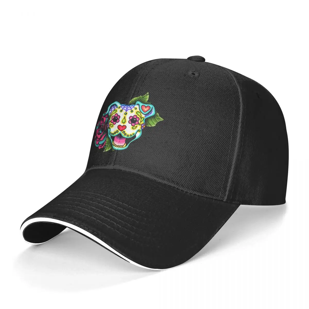 Amstaff Baseball Cap Smiling Pit Bull in White Day of the Dead Pitbull Sugar Skull Dog Cute Hat Male Hiphop Logo | Аксессуары для