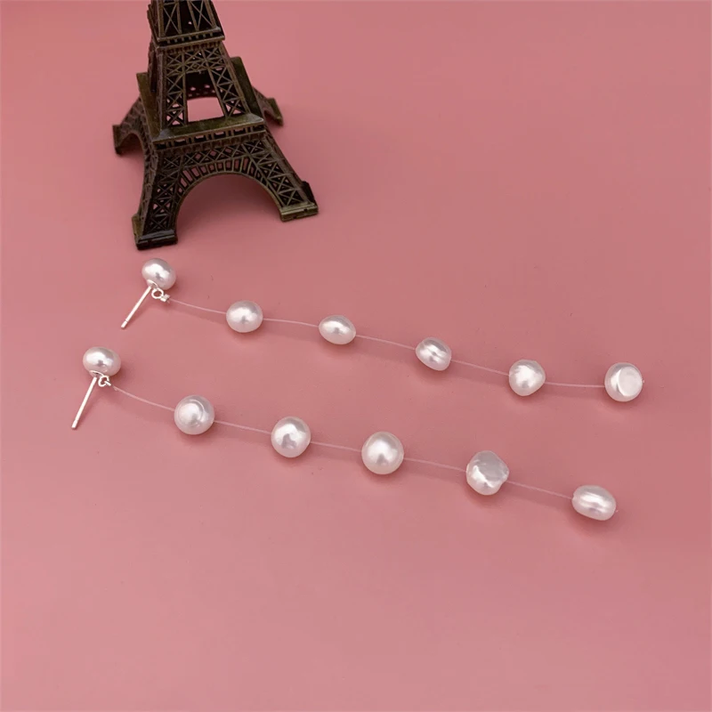 Korean Baroque Pearl Tassel Long Earrings 925 Sterling Silver Dangle Pendant Earrings For Woman Jewelry Fashion Wedding Gifts