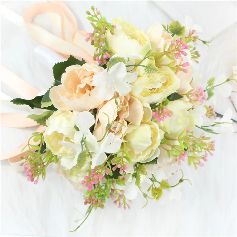 Lovegrace Wedding Flower Bouquet Artificial Silk Peony 18 Heads Champagne Bouquet Flower Bridal Bridesmaids Wedding Bouquets