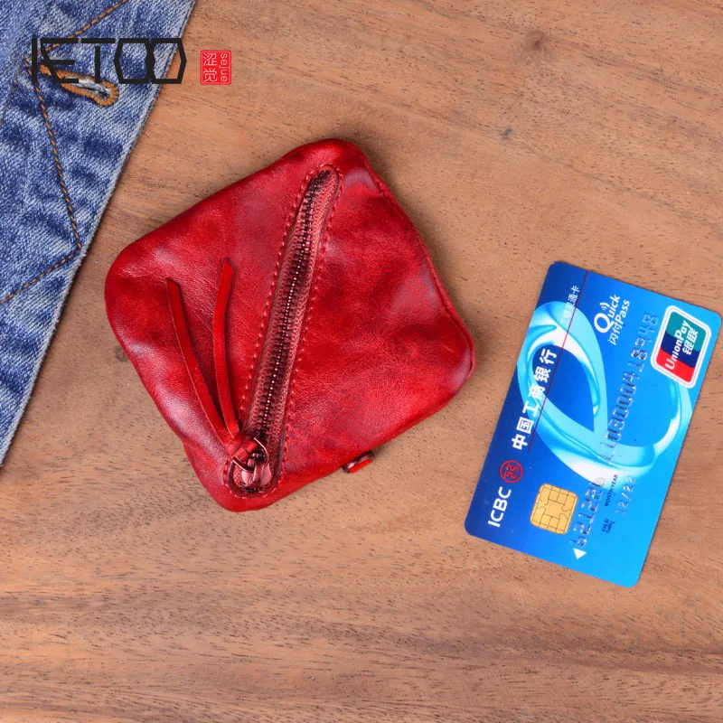 

AETOO Leather Coin Purse Women Vintage Handmade Small Mini Wallet Card Holder Money Bag Case Zipper Change Purses Female Male