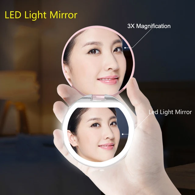 3X Mini LED Makeup Mirror Portable Hand Mirror USB Chargable Compact Pocket Mirror 3 levels Brightness 2