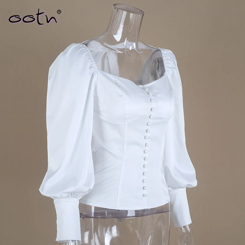 Сексуальная белая офисная блузка, рубашка для женщин с пышными рукавами, женские топы, туника, блузки для женщин, квадратный воротник, повседневные пуговицы для рубашки, осень