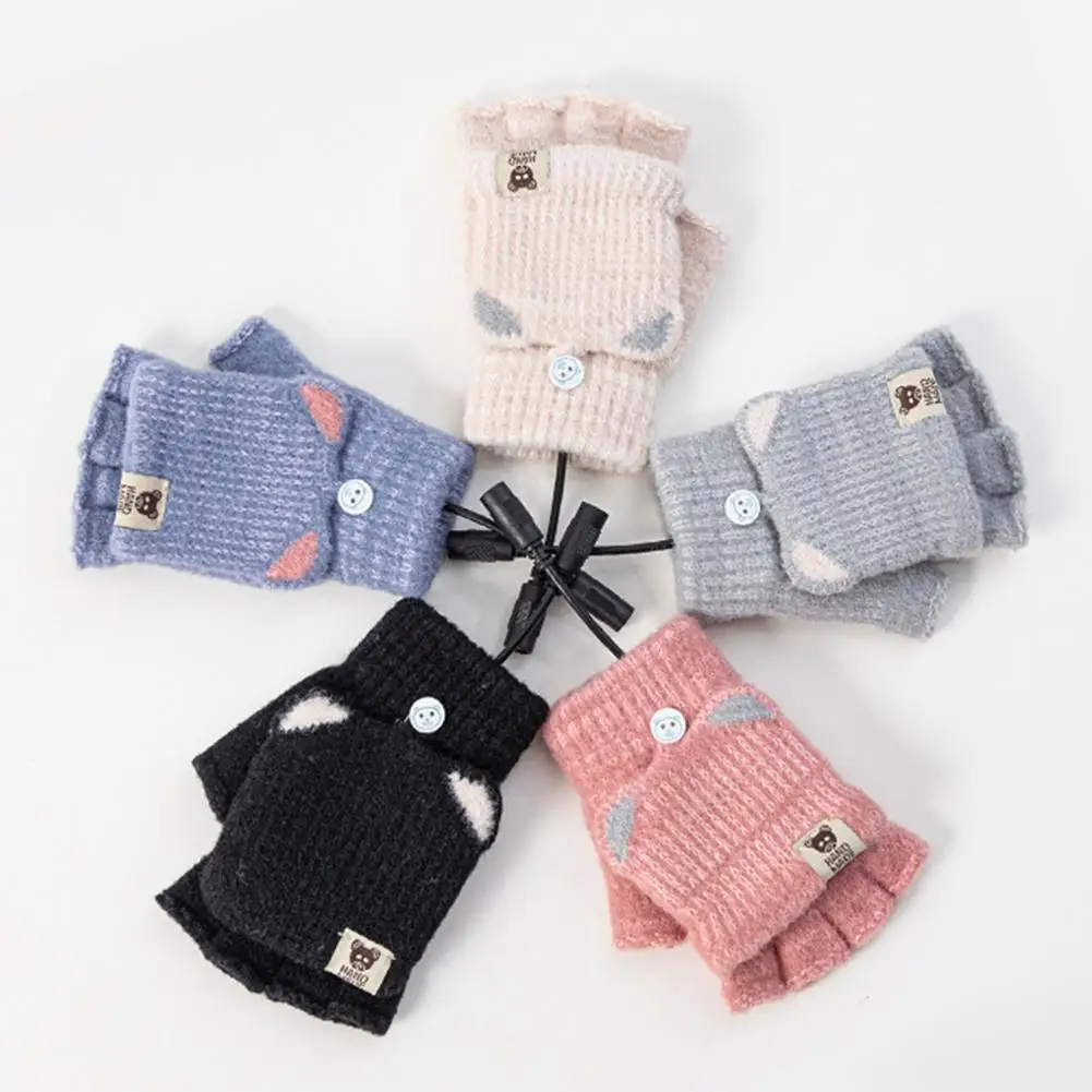 winter Electric heating gloves female style USB charging heating half-finger clamshell woolen knitted cartoon online warm gloves