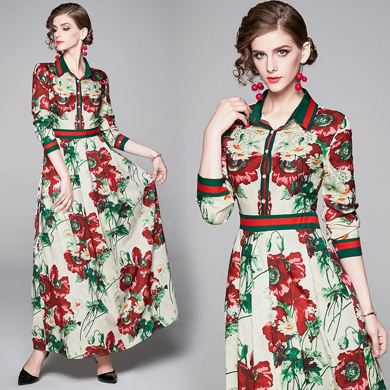 

Photo Shoot Large Austrian WOMEN'S Dress Europe And America Versitile Fashion Waist Hugging Slimming Positioning Floral Printed