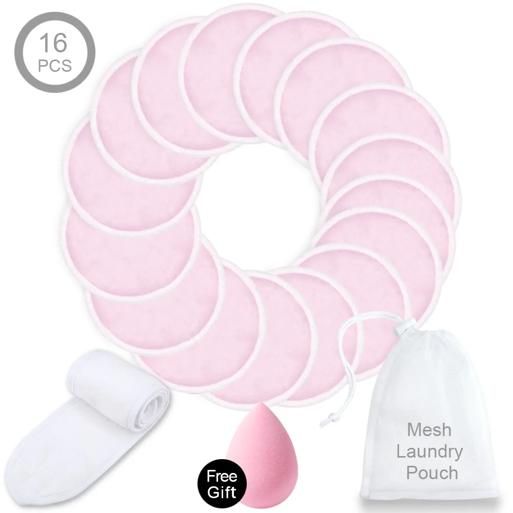 Моющиеся ватные диски, бамбуковые салфетки для снятия макияжа, многоразовые хлопковые подушечки для ресниц, повязка на голову, повязка для волос, спа-обертка для макияжа - Цвет: Pink Set 5