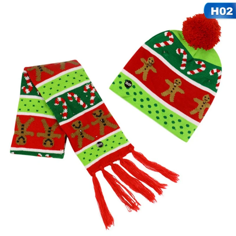 H02 1 комплект, светодиодный светильник, шапочка, зимняя шапка, шапка, Рождественский Пряничный человечек, вязаная шапочка из хлопка, набор шарфов с кисточками, Рождественское украшение - Цвет: H02