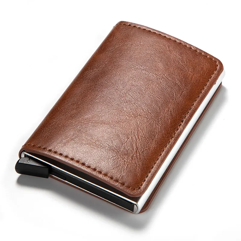 RFID Блокировка модный автоматический кожаный держатель для кредитных карт для мужчин Алюминиевый металлический бизнес ID многофункциональный держатель для карт мини кошелек - Цвет: light brown