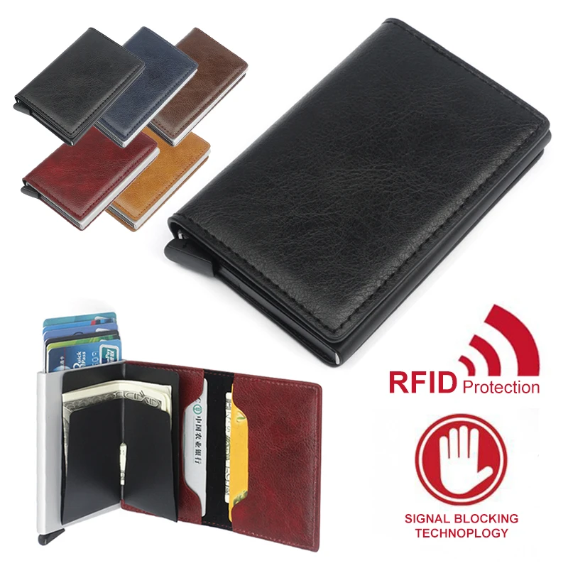 Genuine Leather Men Wallet Automatic Credit Card Holder Leather Blocking Small Metal Wallet Money Clip Aluminum Wallet Bag