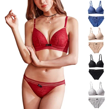 

2019 Women Deep-V Sexy Bra Set Fashion Lady Lace Bras Female Wireless Adjustable Straps Sexy Lingerie Set Panties and Brassiere