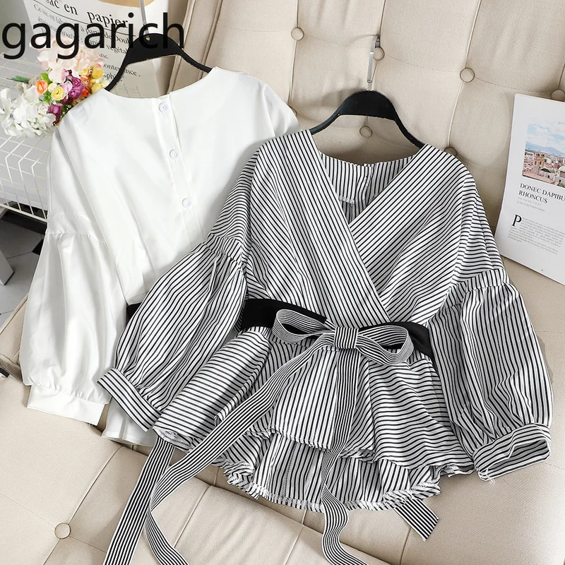 Gagarich блуза в полоску с v-образным вырезом в Корейском стиле, с завязками на талии, с длинными рукавами, юбка с развевающейся талией, короткая рубашка
