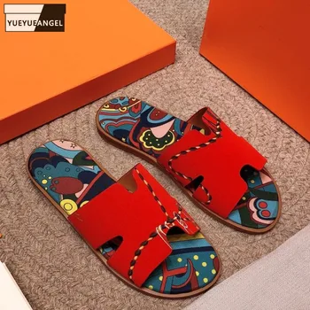 

Summer Footwear Fashion Printed Men Casual Slippers Outside Open Toe Slip-On Flat Beach Shoes Breathable Genuine Leather Slides