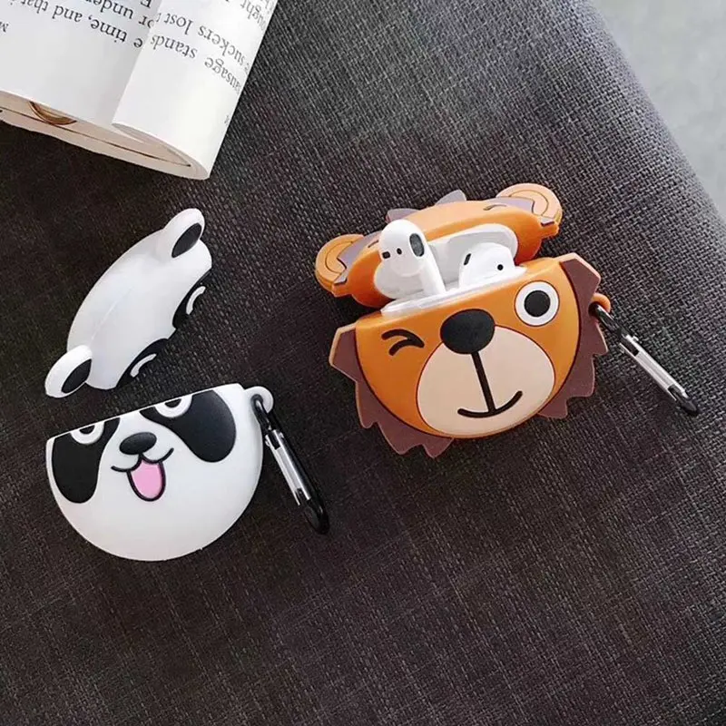 Чехол для наушников Airpods с милым мультяшным животным львом пандой для Apple Airpods 1 2 забавная Защитная крышка с крючком