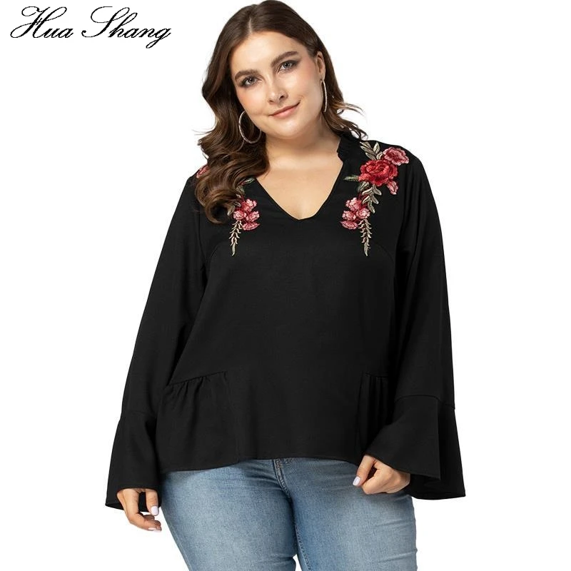 Blusa de manga larga de grande para mujer primavera cuello en V bordado Floral Casual blusas negras holgadas túnica de gran tamaño para mujer - AliExpress Ropa de mujer