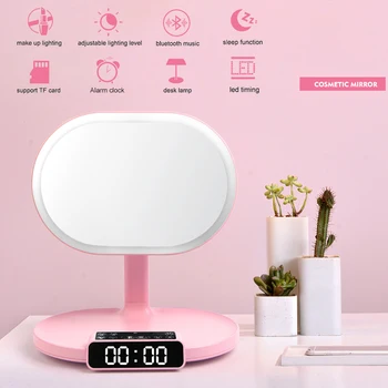 

Multi-functional Makeup Mirror With Bluetooth USB Rechargeable LED Vanity Mirror TF Card with Bluetooth Speaker Clock And Lamb