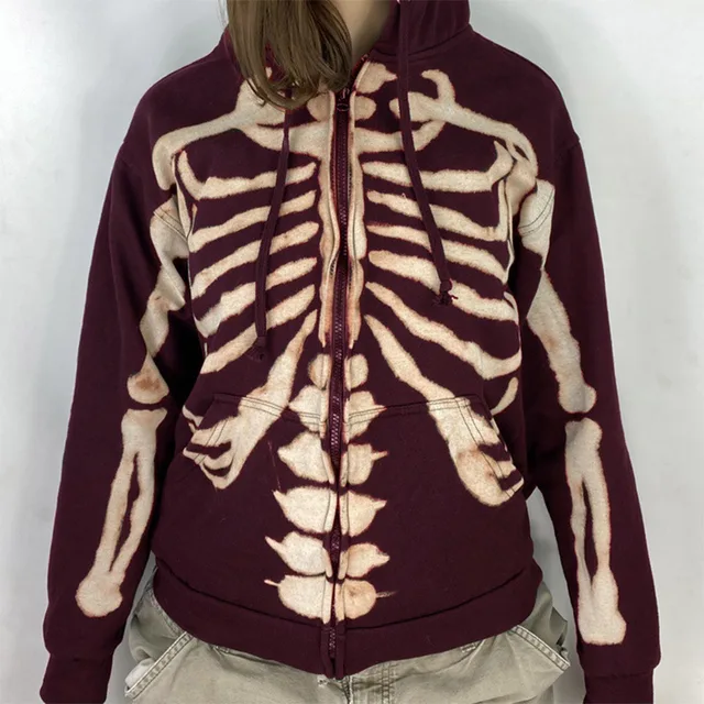 Skeleton Skull Bones Zip Up Hoodie Jacket Women 2