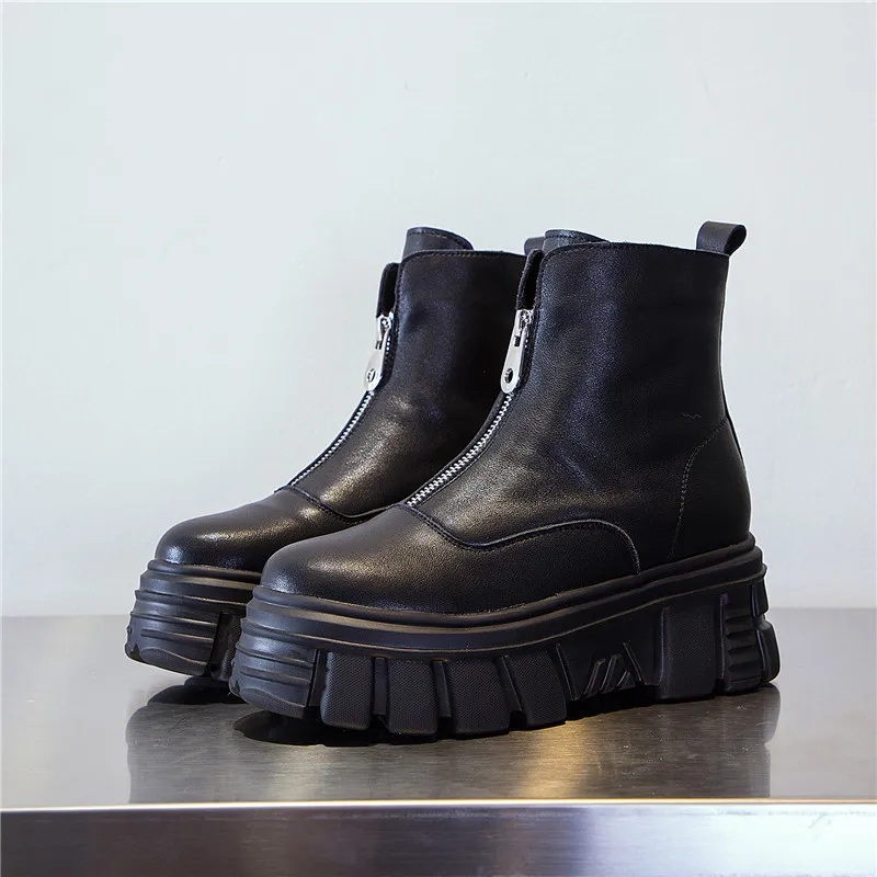 

2020Genuine Leather Front Zipper Women' Ankle Boots 2020 Fashion Style Women Spring Platform Boots Ladies Chunky Shoes