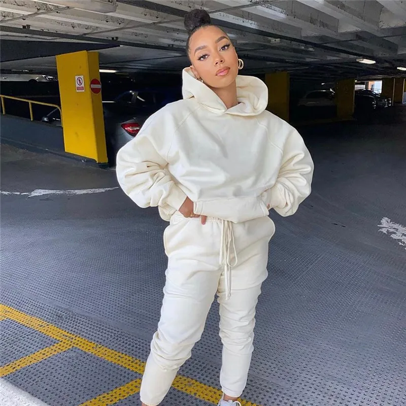 

2020 Women's Set Solid Hooded Sweatshirt Jogger Pants Suit Tracksuit Matching Two Piece Set Autumn Winter Casual Outfits