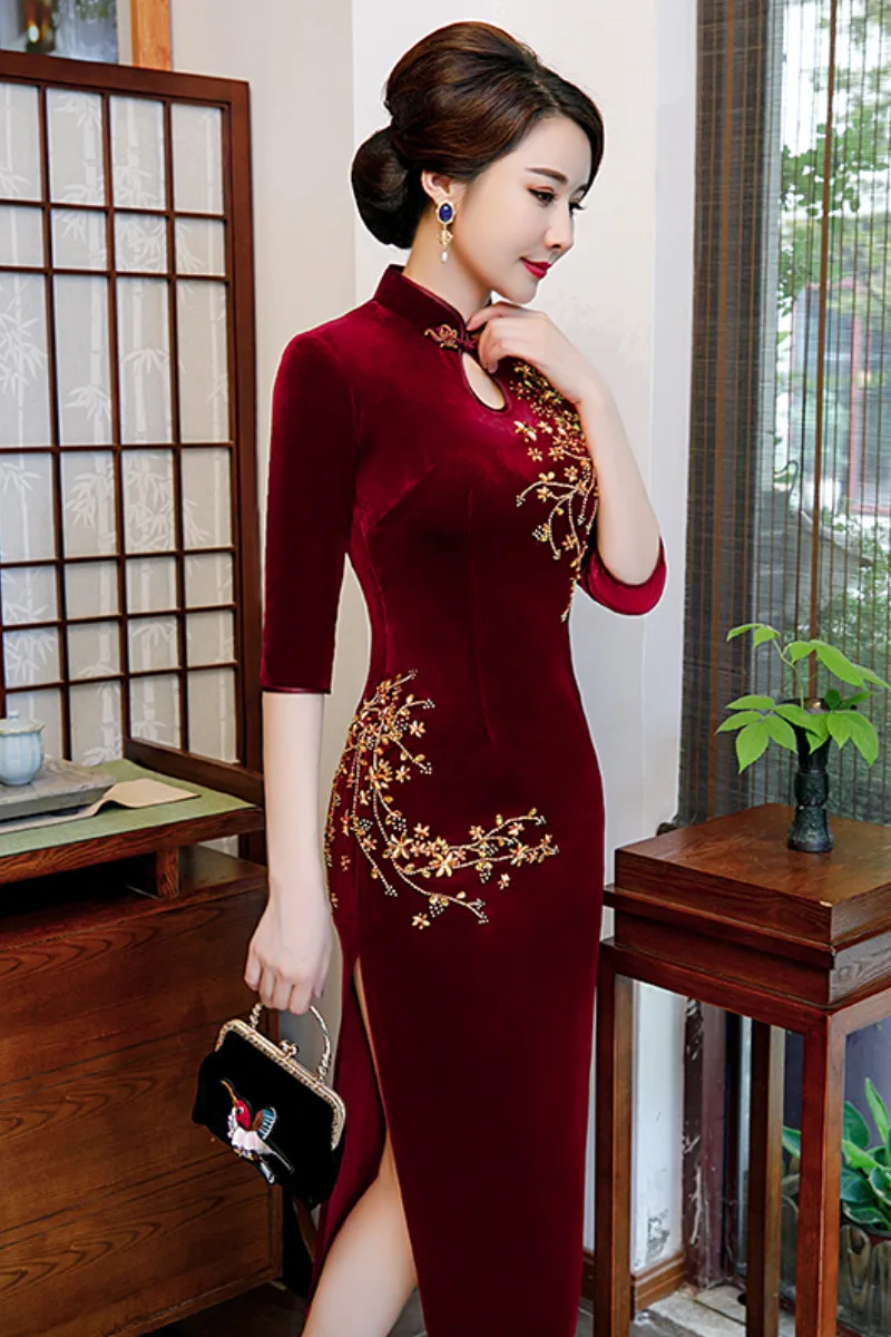 Милое Новое китайское платье с бусинами для молодых леди Qipao, новинка, С Вырезанным воротником, ретро, бордовый чонсам, большие размеры, 3XL-4XL, Vestidos
