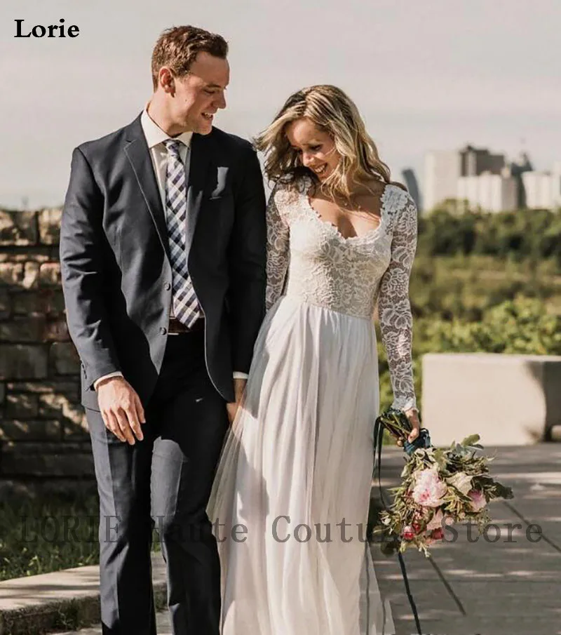 LORIE свадебное платье в стиле бохо с длинными рукавами Robe de mariee винтажное кружевное милое платье невесты шифоновые свадебные платья