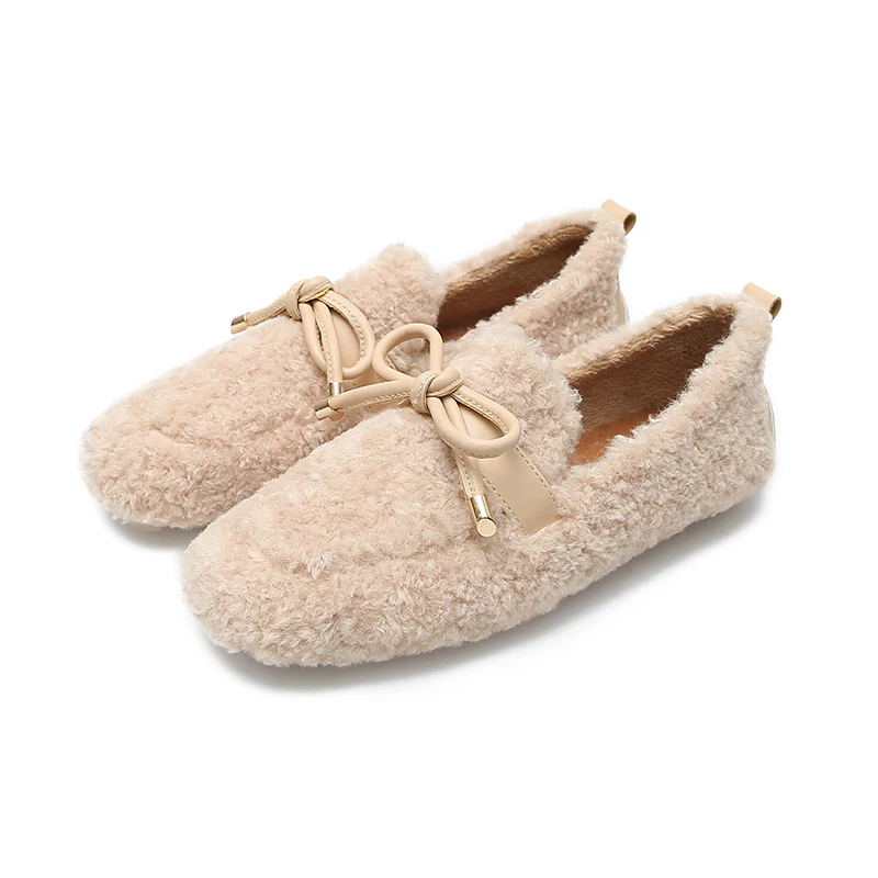 999-9 beige Зимние лоферы; женские мокасины из овечьей шерсти; теплые уличные балетки на плоской подошве с мехом; мягкая обувь для медсестры - Цвет: 999-9 beige