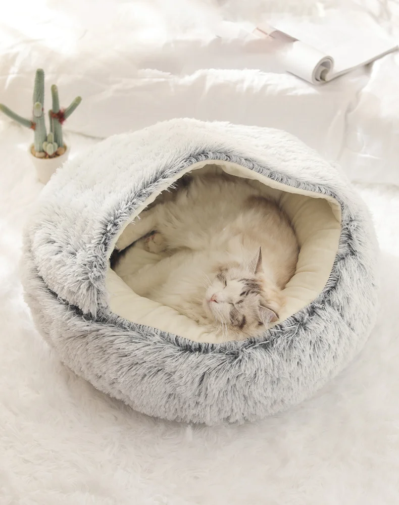 Winter Cat Bed Long Plush Pet Cat Cushion Warm Sleep Bag Bed Round Half-Pack Cat Basket Lounger Nest For Small Medium Large Dog