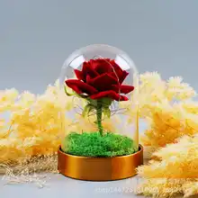 

2022NEW Metal base LED shiny red rose cloth velvet flower eternal flower glass cover lover birthday gift DIY